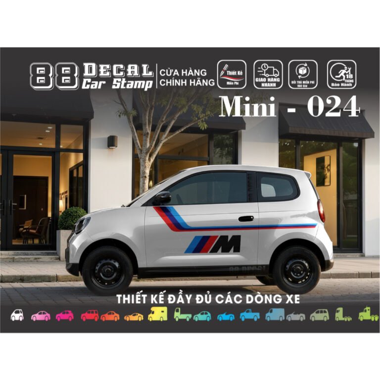 Tem dán xe minio green – Mẫu tem thể thao M (đầy đủ màu).1 bộ gồm 2 mặt