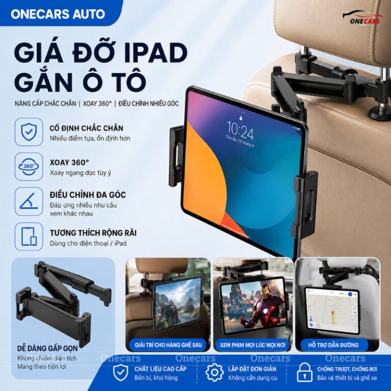 Giá Đỡ iPad Ô Tô Gắn Tựa Đầu Ghế ONECARS – Xoay 360°, Kẹp Điện Thoại/Máy Tính Bảng