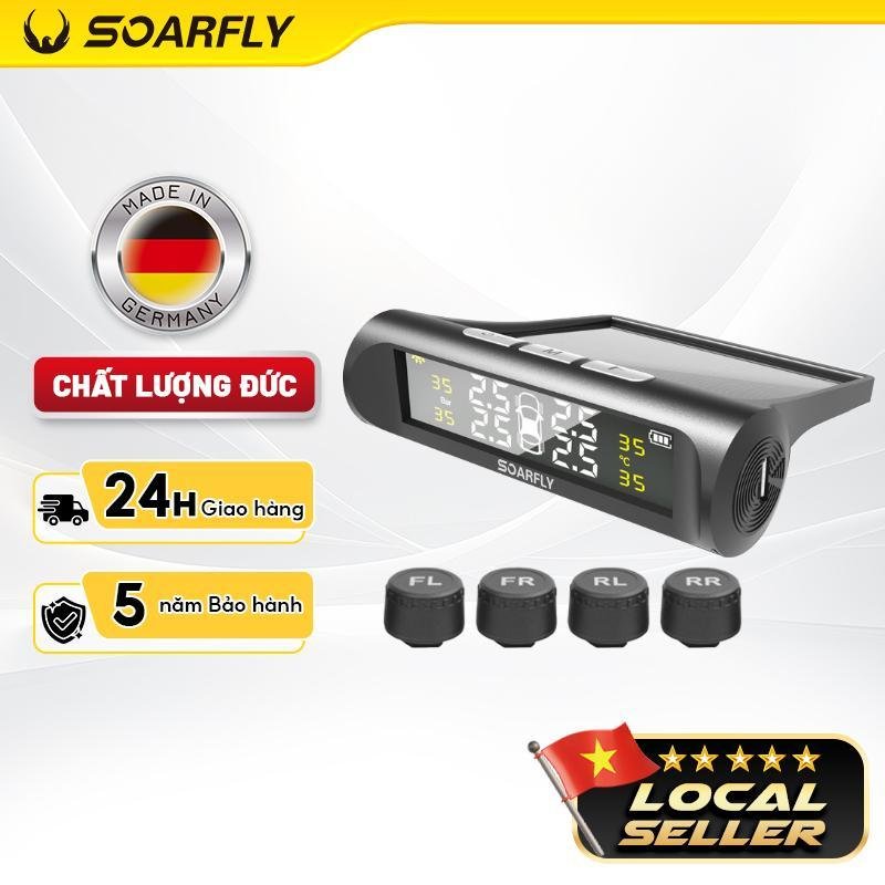 Cảm Biến Áp Suất Lốp ô tô TPMS không dây dùng tấm pin mặt trời màn hình LCD có USB và 4 cảm biến