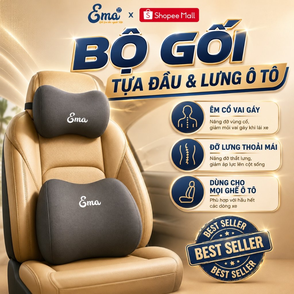 Bộ gối tựa đầu & tựa lưng ô tô chính hãng EMA thiết kế công thái học giảm đau cổ vai gáy, thắt lưng