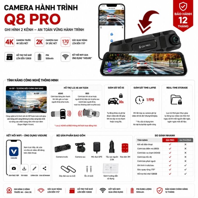 [Bản 4K] Camera hành trình ô tô Q8 Fuji Cam màn gương lớn trước 2K sau full HD kết nối điện thoại
