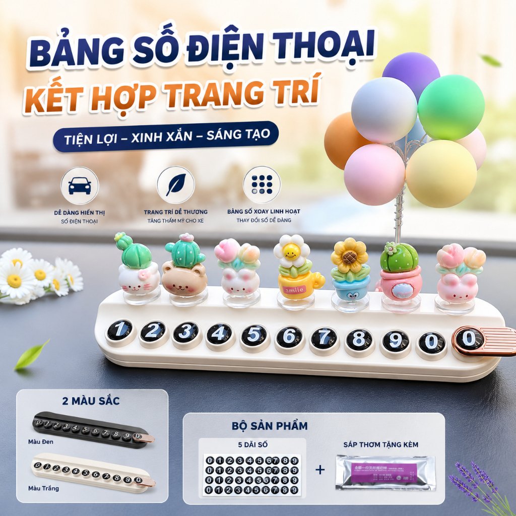 Bảng Số Điện Thoại Trên Ô Tô ONECARS Trang Trí Set Chậu Hoa Dễ Thương