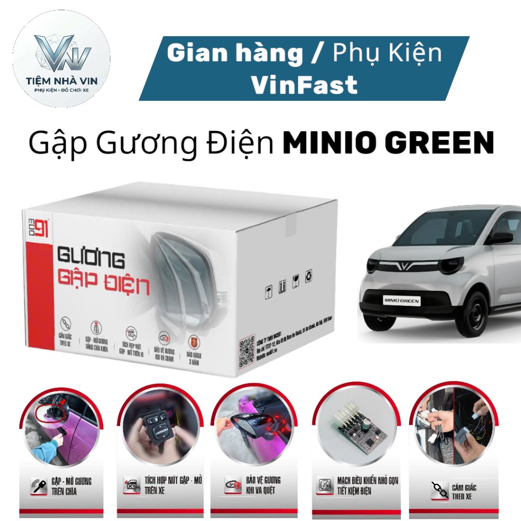 Gập gương điện MCD91 dành cho MINIO GREEN, cắm giắc theo xe, gập mở trên remote zin, BH 3 năm